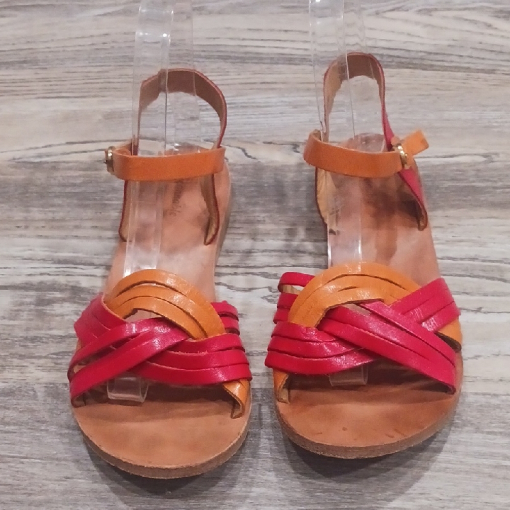 Faconnable Women’s Two-Tone Red and Tan Leather Strappy Sandals
